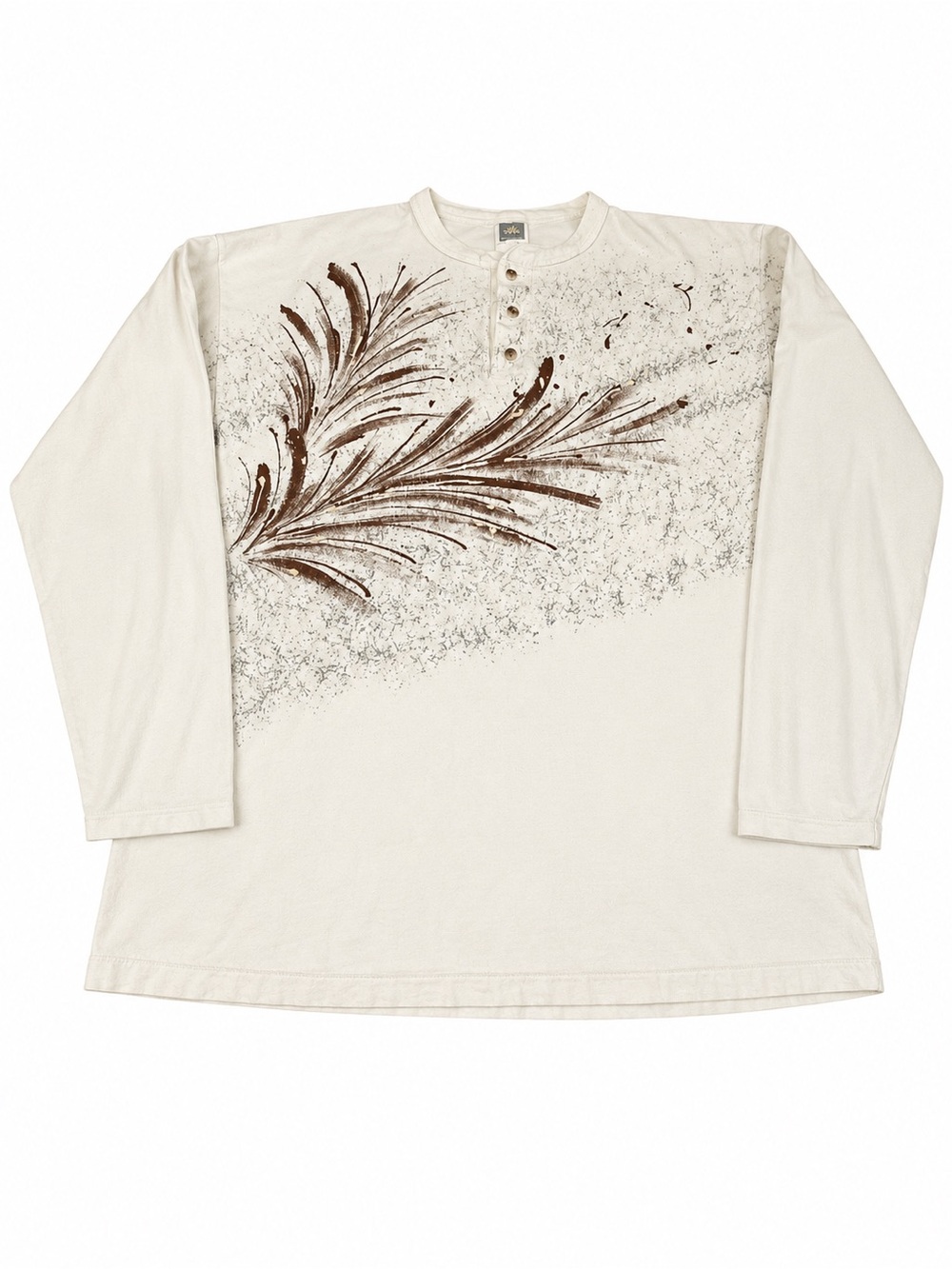 Men's Cream Long-Sleeve Henley with Brown Feather Graphic